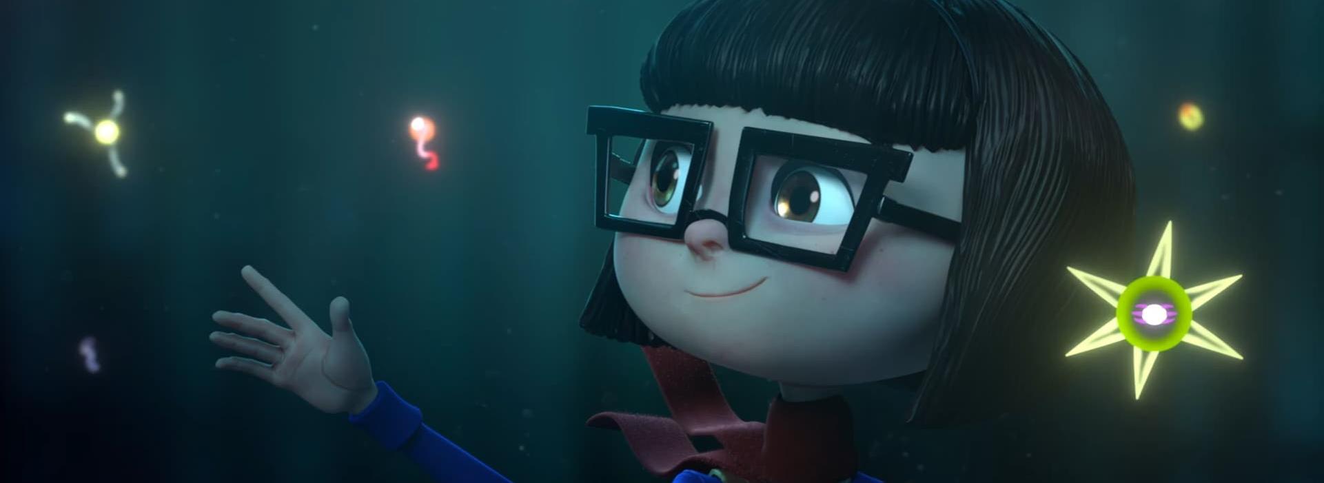 Una niña con gafas grandes intenta a tocar luces que vuelan.