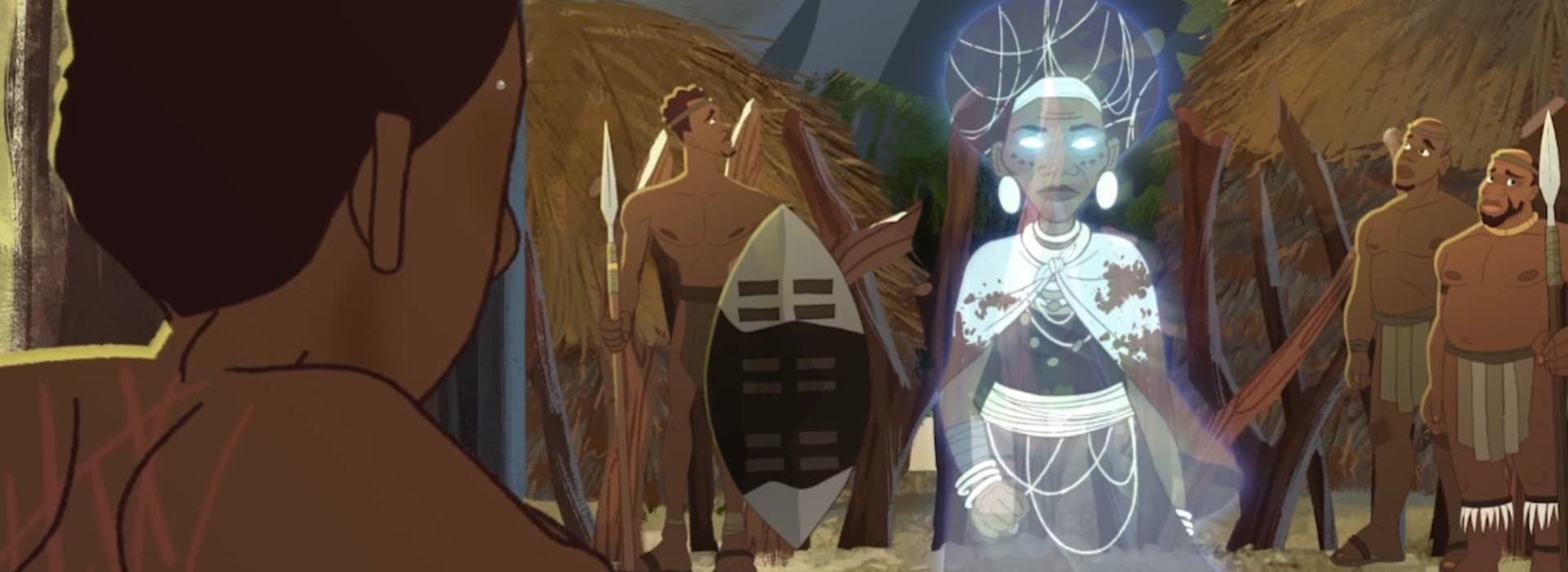 El fantasma de una anciana se acerca a un niño herido en la espalda. Detrás, unos hombres miran al cielo con inquietud.