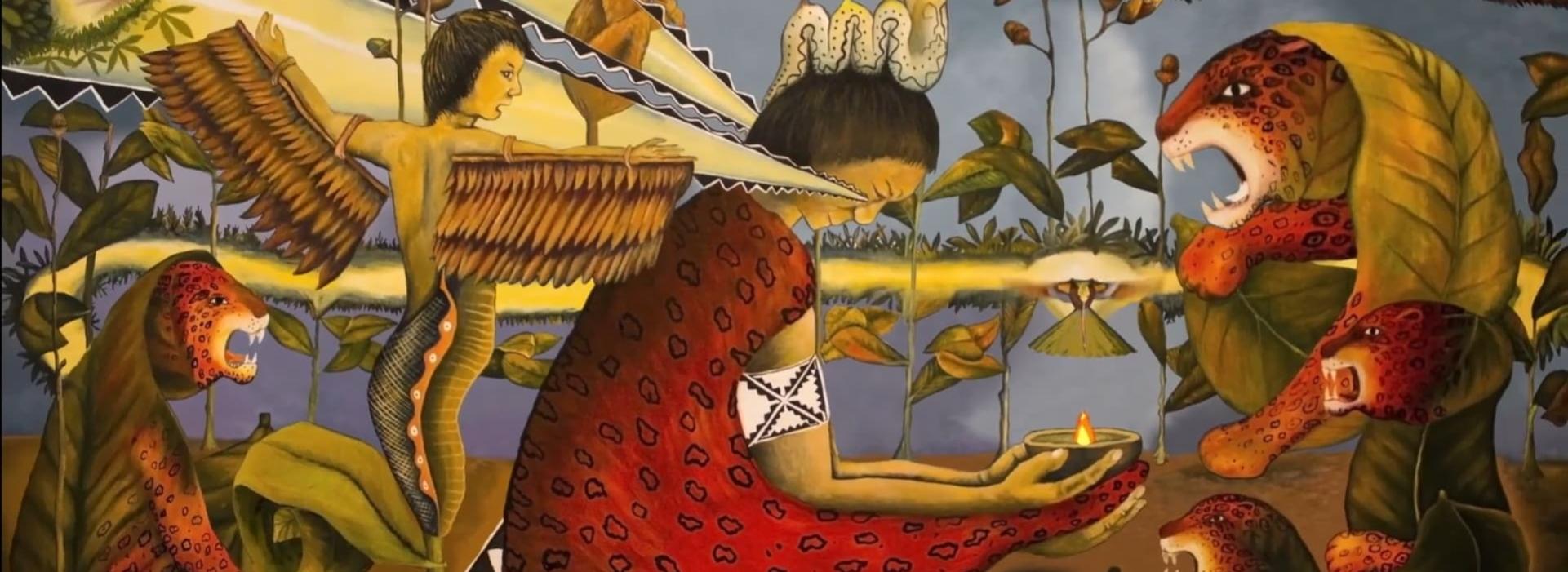 Una persona arrodillada rodeada de criaturas del bosque sostiene una vela. 