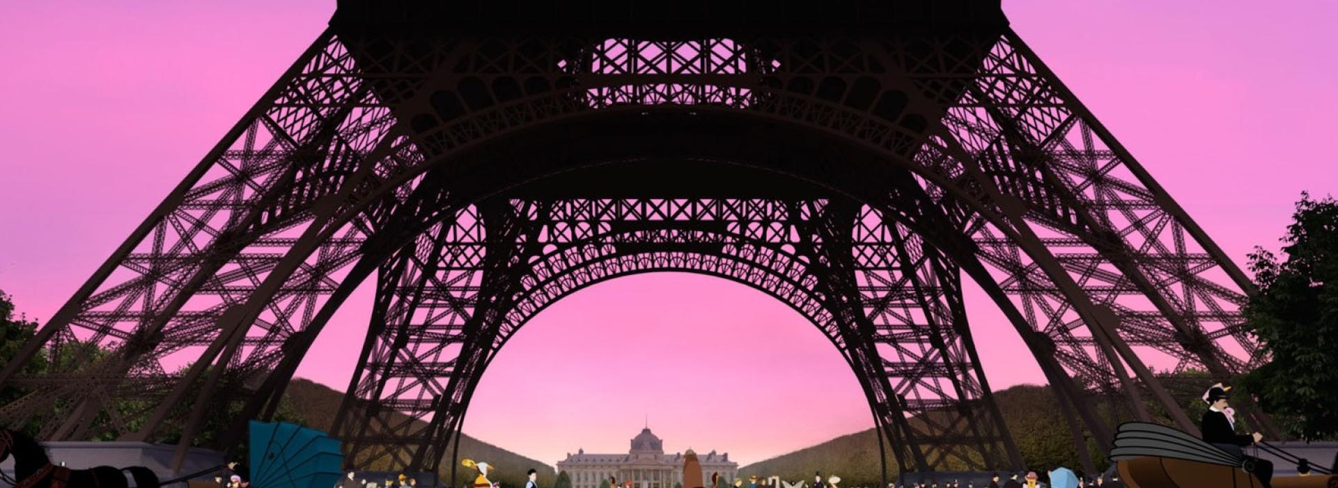 Gente y carruajes bajo la Torre Eiffel.