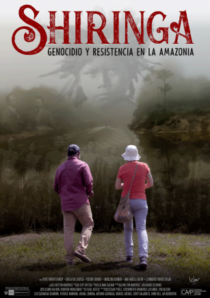Poster del documental, dos personas son al frente de varios imágenes en transparencia de la Amazonia 