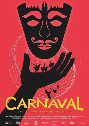 Un dibujo de una mascara arriba de una mano con pequeños animales y instrumentos de música.