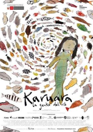 Una sirena delante de una espiral de peces dibujados.