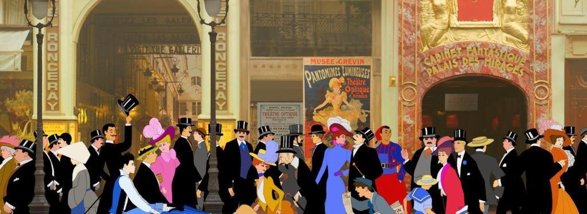 Una multitud vestida con trajes de época en un trottor parisino.